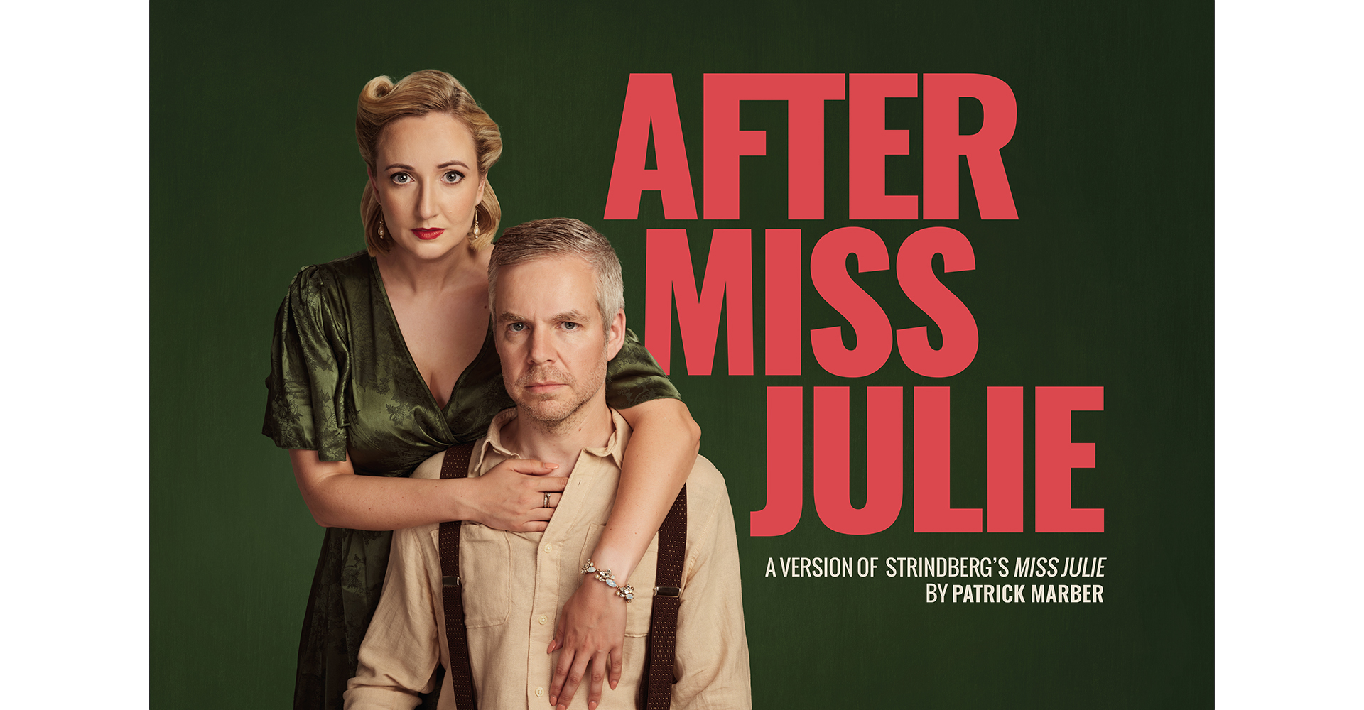 West end theatre show poster one actor sitting down and one actor standing up in the show after Miss Julie